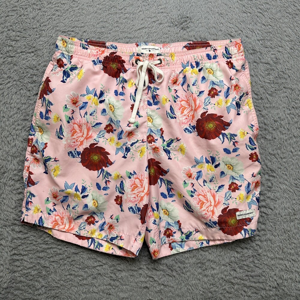 Modern Amusement Swim Trunks Mens M Pink Floral 6 inch Mesh Lining Drawstring